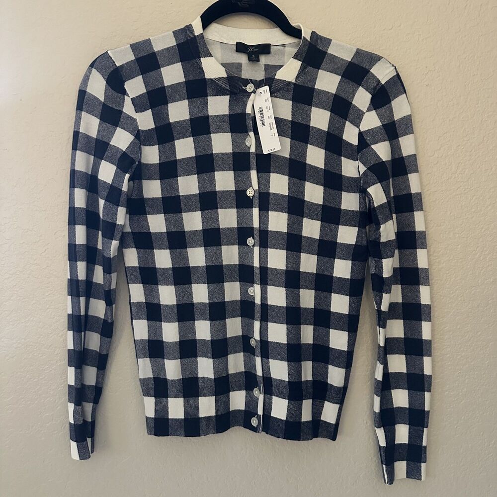 J.Crew Jackie Cardigan Gingham Sweater Womens Small NWT Navy Ivory
